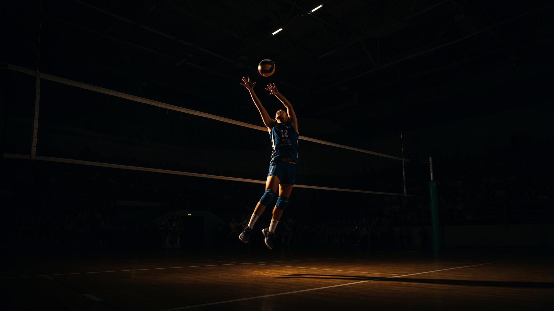 Volleyball player setting the ball in a dark indoor sports hall